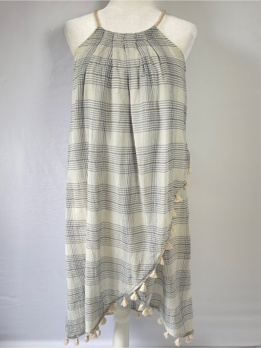 Madewell Cream Plaid Tie Neck Tassel Hem Shift Dress Womens XXS Boho Cotton